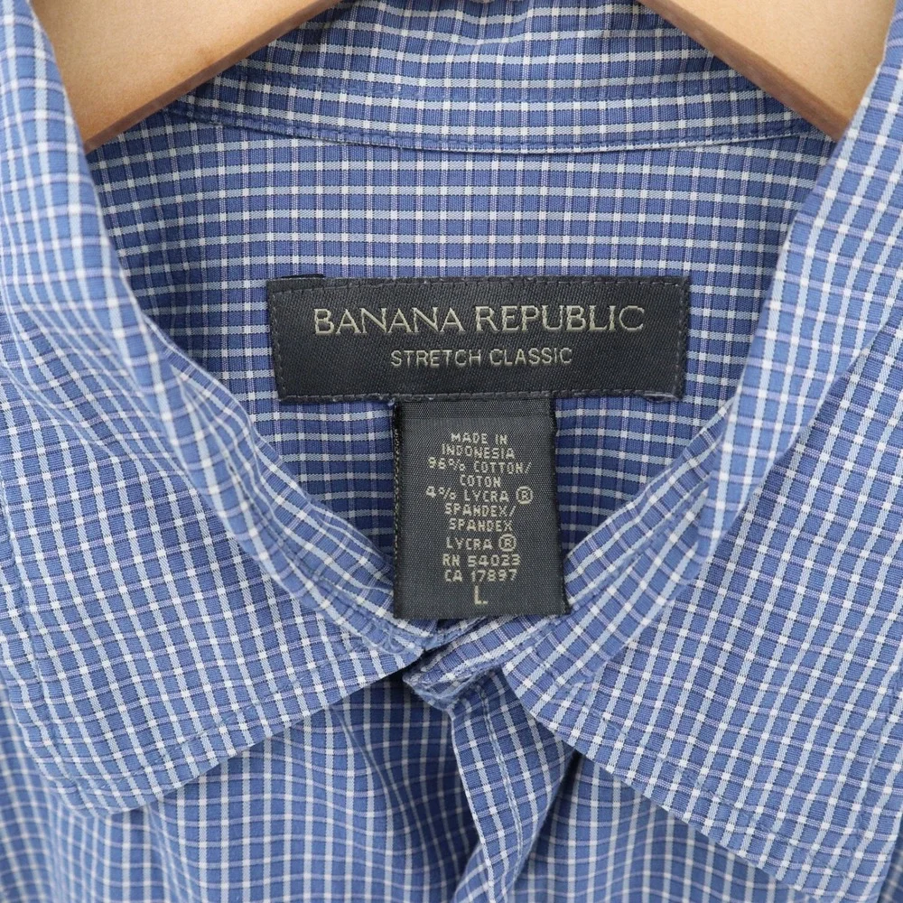 Banana Republic Shirt Large Blue Micro Check Y2K Stretch Cotton Short Sleeve